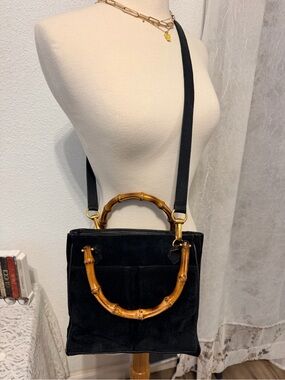 Gucci Black Suede Handbag with Bamboo Handles